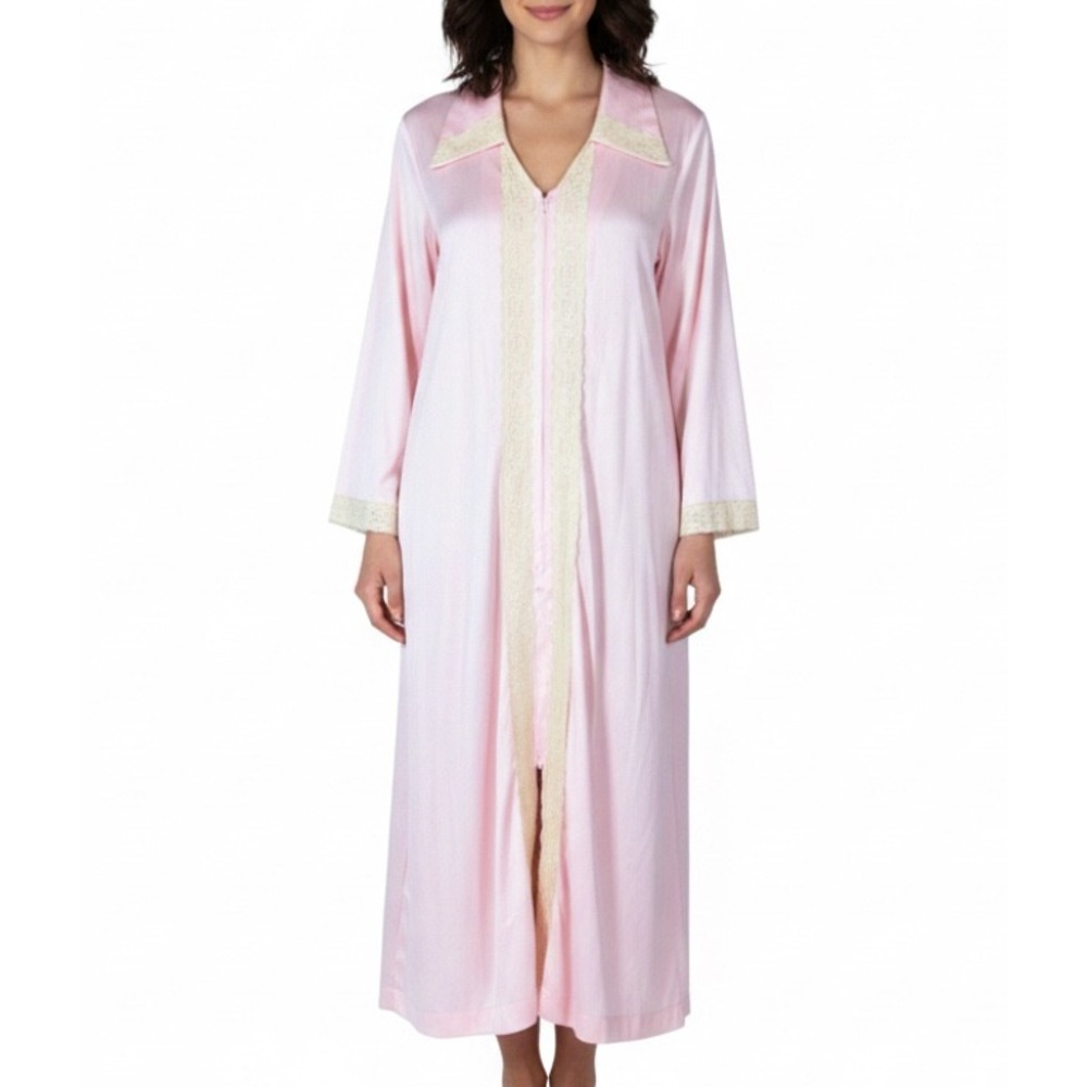 Vtg GILEAD Vintage Pink Shiny Satin SILKY NYLON Zip-Up Robe Cream Lace 1-Pkt M